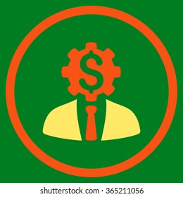 Office Worker vector icon. Style is bicolor flat circled symbol, orange and yellow colors, rounded angles, green background.