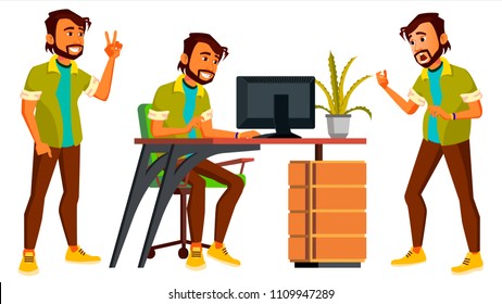 Office Worker Vector. Indian Businessman Worker. Animated Elements. Poses. Front, Side View. Happy Job. Partner, Clerk, Servant, Employee. Isolated Flat Cartoon Illustration