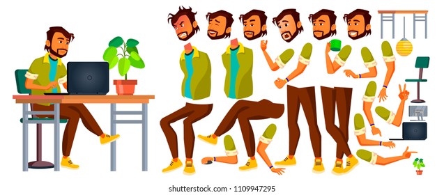Office Worker Vector. Indian. Emotions, Gestures. Animation Creation Set. Lifestyle Generator. Business Person. Front, Side, Back View. Career. Modern Employee, Workman. Cartoon Character Illustration
