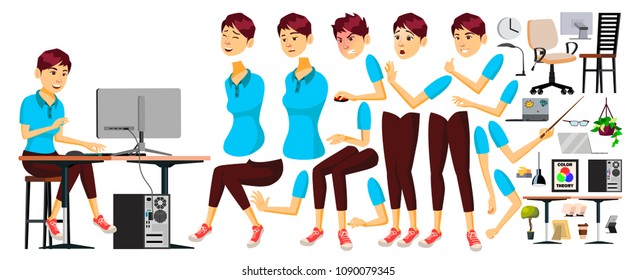 Office Worker Vector. Japanese Woman. Smiling Servant, Officer. Business Human.  Lady Face Emotions, Various Gestures. Animation Creation Set. Isolated Flat Cartoon Character Illustration
