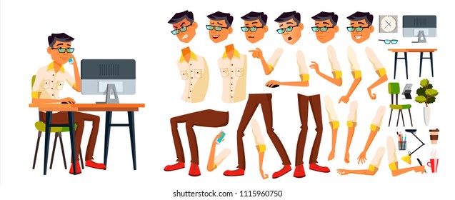 Office Worker Vector. Korean, Thai, Vietnamese. Animation Creation Set. Face Emotions, Various Gestures. Office Generator. Front, Side View. Business Worker. Career. Workman, Clerk. Illustration