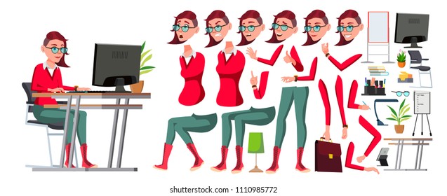 Office Worker Vector. Woman. Animation Creation Set. Lifestyle Generator. Emo, Freak Hairstyle. Professional Officer, Clerk. Front, Side View. Businessman Female. Lady Face Emotions. Illustration