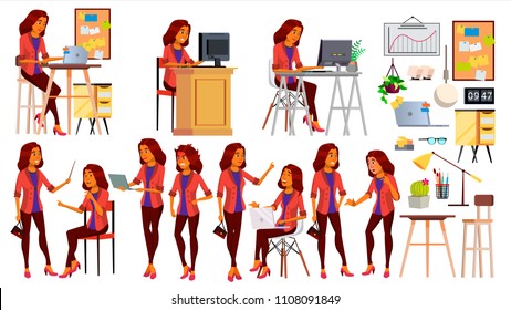 Office Worker Vector. Woman. Business Human. Lady Face Emotions, Various Gestures. Isolated Flat Cartoon Character Illustration
