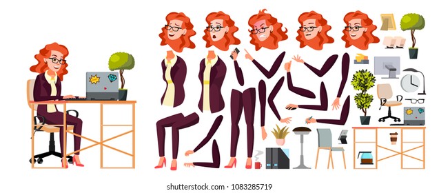 Office Worker Vector. Woman. Businessman Human. Lady Face Emotions, Various Gestures. Animation Creation Set. Isolated Flat Cartoon Character Illustration