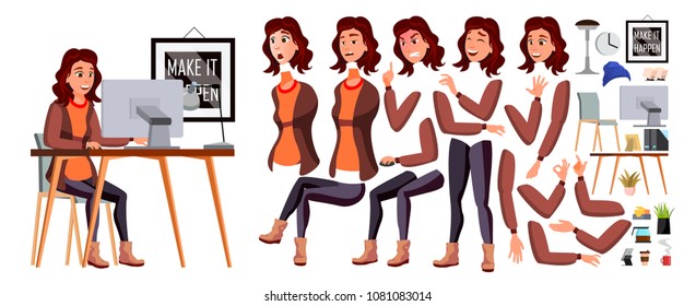 Vector de Office Worker. Mujer. Feliz empleado, sirviente, empleado. Empresario Humano. Enfrentar Emociones, Varios Gestos. Conjunto de creación de animación. Ilustración de caracteres aislados
