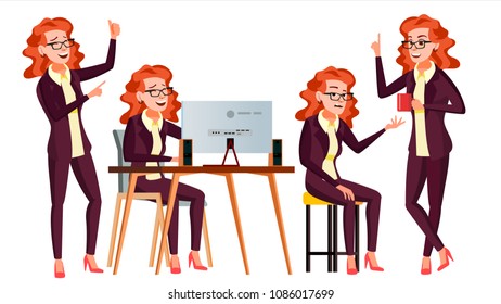 Office Worker Vector. Woman. Happy Clerk, Servant, Employee. Business Woman Person. Lady Face Emotions, Various Gestures. Flat Character Illustration
