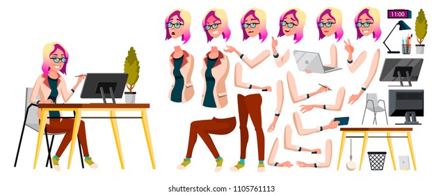 Office Worker Vector. Woman. Happy Clerk, Servant, Employee. Business Human. Face Emotions, Various Gestures. Animation Creation Set. Isolated Character Illustration
