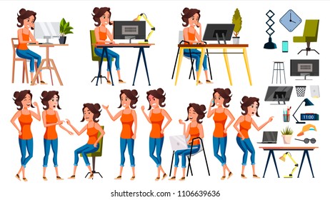 Office Worker Vector. Woman. Happy Clerk, Servant, Employee. Business Woman Person. Lady Face Emotions, Various Gestures. Flat Character Illustration