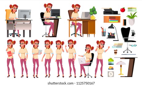 Office Worker Vector. Woman. Poses Set. Lifestyle Generator. Productivity. Successful Officer, Clerk, Servant. Front, Side View. Business Woman Worker. Face Emotions, Gestures. Isolated Illustration