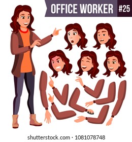 Office Worker Vector. Woman. Professional Officer, Clerk. Businessman Female. Lady Face Emotions. Animation Set. Isolated Flat Character Illustration