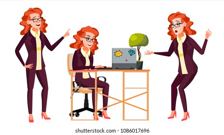 Office Worker Vector. Woman. Professional Officer, Clerk. Businessman Female. Lady Face Emotions. Isolated Flat Character Illustration
