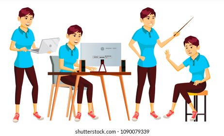 Office Worker Vector. Woman. Professional Officer, Clerk. Business Japanese Female. Lady Face Emotions, Various Gestures. Isolated Flat Character Illustration