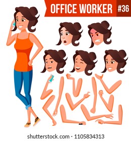 Office Worker Vector. Woman. Professional Officer, Clerk. Adult Business Female. Lady Face Emotions, Various Gestures. Animation Creation Set. Isolated Cartoon Illustration
