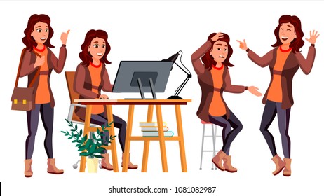 Office Worker Vector. Woman. Smiling Servant, Officer. Business Person. Face Emotions, Various Gestures. Flat Cartoon Illustration