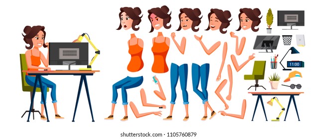 Office Worker Vector. Woman. Smiling Servant, Officer. Business Human. Lady Face Emotions, Various Gestures. Animation Creation Set. Isolated Flat Cartoon Character Illustration