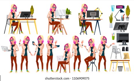 Office Worker Vector. Woman. Smiling Servant, Officer. Business Person. Face Emotions, Various Gestures. Flat Cartoon Illustration
