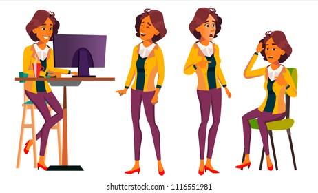 Office Worker Vector. Woman. Smiling Servant, Officer. Poses. Business Human. Front, Side View. Lady Face Emotions, Various Gestures. Isolated Flat Cartoon Character Illustration
