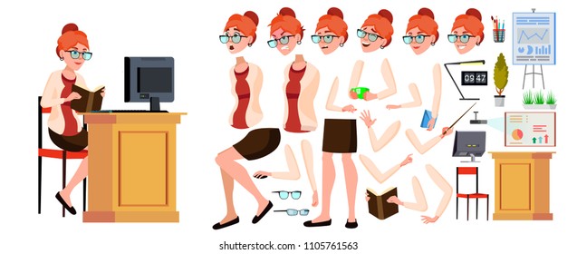 Vector de Office Worker. Mujer. Funcionario, empleado, empleado. Mujer empresaria adulta. Enfrentar Emociones, Varios Gestos. Conjunto de creación de animación. Ilustración de dibujos planos aislados
