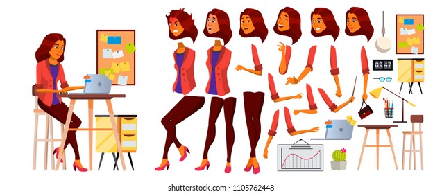 Office Worker Vector. Woman. Successful Officer, Clerk, Servant. Arab, Saudi Business Woman Worker. Face Emotions, Various Gestures. Animation Creation Set. Isolated Flat Illustration