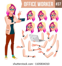 Office Worker Vector. Woman. Successful Officer, Clerk, Servant. Business Woman Worker. Face Emotions, Gestures. Animation Creation Set. Isolated Flat Illustration