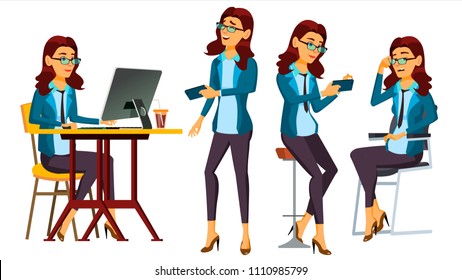 Office Worker Vector. Woman. Successful Officer, Clerk, Servant. In Action. Secretary, Accountant. Adult Business Woman. Emotions, Gestures. Isolated Flat Cartoon Illustration