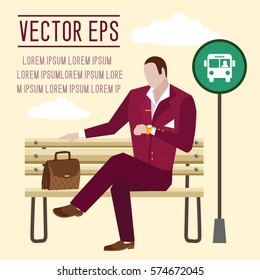 Office worker waiting for a bus at the bus stop. Vector illustration. Flat style vector illustration.