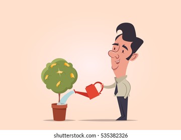 Office Worker Watering the Money Tree. Vector Illustration