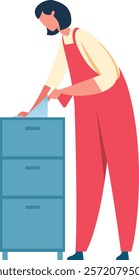 Office worker wearing an apron cleaning a filing cabinet with a microfiber cloth, performing routine chores for a clean and organized workspace