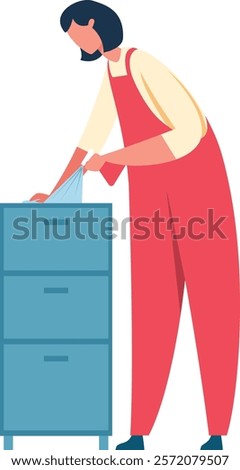 Office worker wearing an apron cleaning a filing cabinet with a microfiber cloth, performing routine chores for a clean and organized workspace