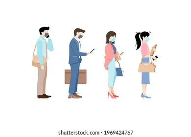Office worker wearing medical masks to prevent disease and isolated background. Vector illustration