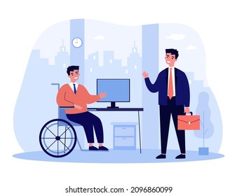 Office worker in wheelchair at desk greeting colleague. Employee in accessible workplace flat vector illustration. Accessibility, disability concept for banner, website design or landing web page