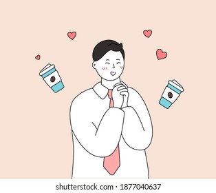 an office worker who asks a colleague to buy coffee illustration set. love, heart, person, tie. Vector drawing. Hand drawn style.