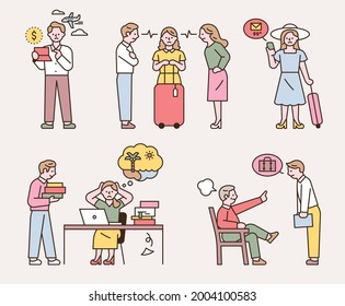 An office worker who can't go on vacation due to lack of money or the attention of co-workers, excessive work, or boss abuse. Business emails are also coming in from vacation destinations.
