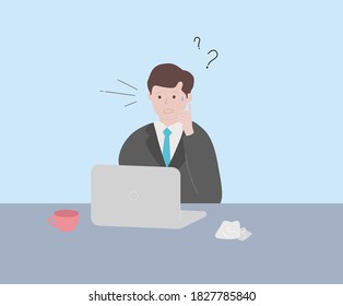 An office worker who is embarrassed by a computer problem illustration set. laptop, work, cup, question. Vector drawing. Hand drawn style.