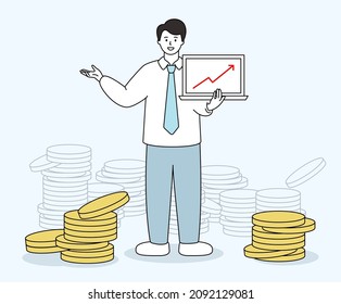 Un empleado de oficina que introduce cómo hacer las acciones bien definidas. ordenador, en línea, en dólares, pagar. Dibujo de vectores. Estilo dibujado a mano.