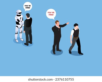 office worker who just got fired, because it is being replaced by robot with artificial intelligence isometric 3d vector illustration concept