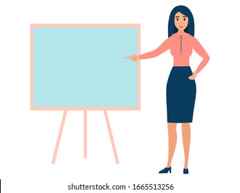 Office worker, woman with blank empty board. In minimalist style. Cartoon flat vector illustration
