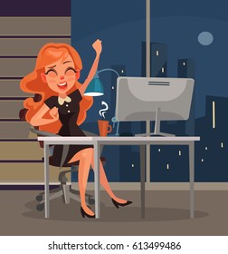 Office worker woman character yawns at workplace. Vector flat cartoon illustration