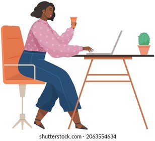 Office worker woman sitting at desk with laptop. Businesswoman or clerk working at her computer typing on keyboard flat style illustration. Student, enterpreneur performs work on tablet pc back view