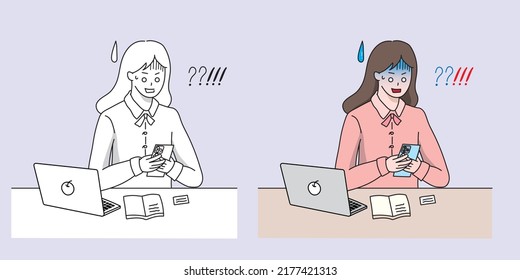 An office worker woman sitting in front of a desk and looking at her cell phone is making an absurd expression.