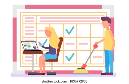 Office worker woman sitting at a table with a laptop, looks at a report with digital data, analyzes, typing on keyboard flat style illustration. A man is standing and pressing a switch with his hand