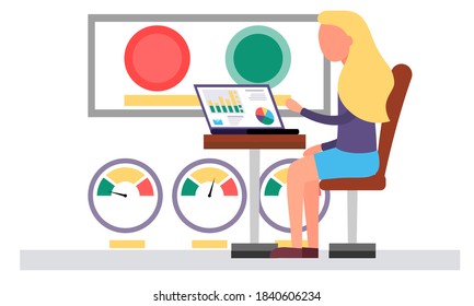 Office worker woman sitting at a table with a laptop, looks at a report with digital data, analyzes, typing on keyboard flat style illustration. Girl makes a business decision, source of red and green