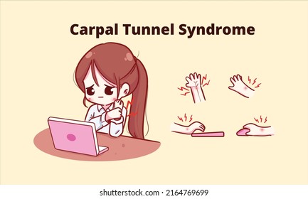 Office Worker Woman Suffering From Hand Pain Due To Hard Work Carpal Tunnel Syndrome Cartoon Illustration 