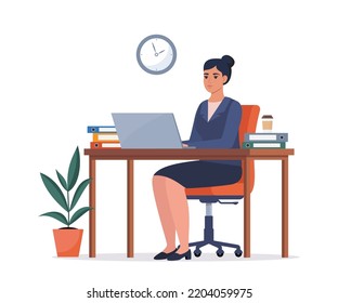 Office worker woman in a suit working on a laptop computer at her office desk. Flat style vector illustration