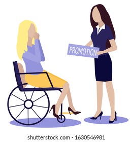 office worker woman in wheelchair gets promotion from female boss. Joy, hands pressed to face. Equality. Corporate social responsibility concept. Disabled employee. vector isolated on white background