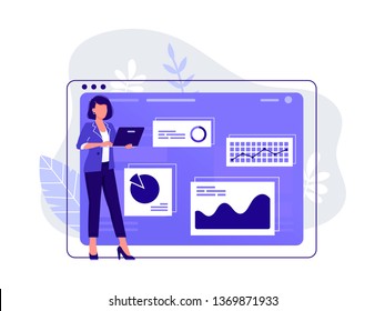 Office worker. Woman is working at her laptop near big computer monitor and the infographics on the background. Work with data, analysis. Isolated flat vector illustration