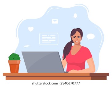 Office worker woman working on a laptop computer at her office desk. Flat style vector illustration