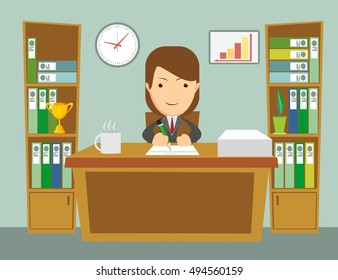 Office worker at work. Happy smiling woman sitting at the desktop. Office interior. Long work hours. Stock flat vector illustration