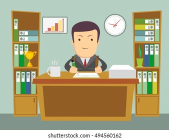 Office worker at work. Happy smiling man sitting at the desktop. Office interior. Long work hours. Stock flat vector illustration