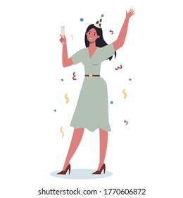 Office worker at work party. Business character in party hat dancing with a glass of alcohol. Employee having fun at workplace. Isolated cartoon illustration